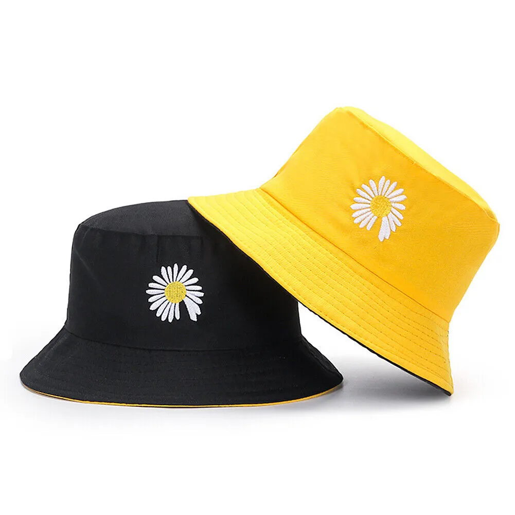 US Double-sided Bucket Hat Fisherman's Cap  Men Women Embroidery Pattern Cotton