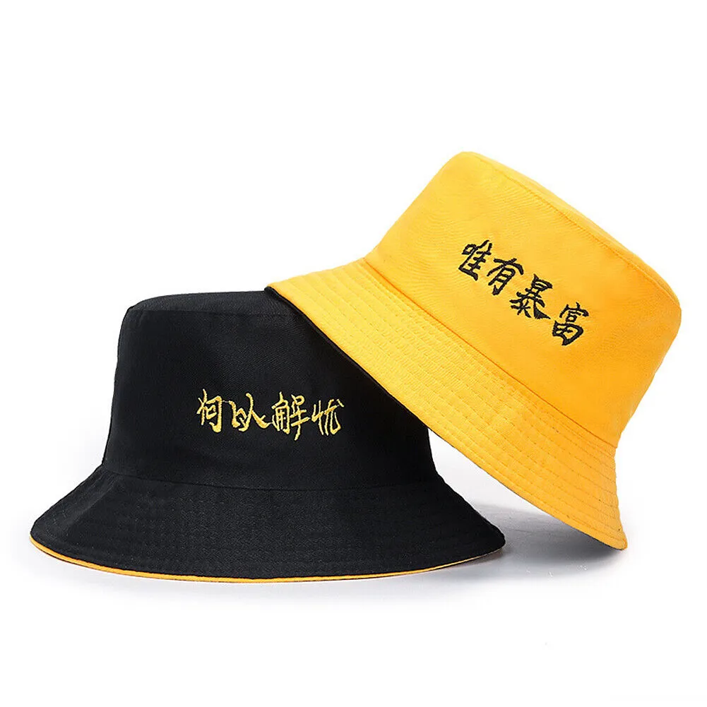 US Double-sided Bucket Hat Fisherman's Cap  Men Women Embroidery Pattern Cotton