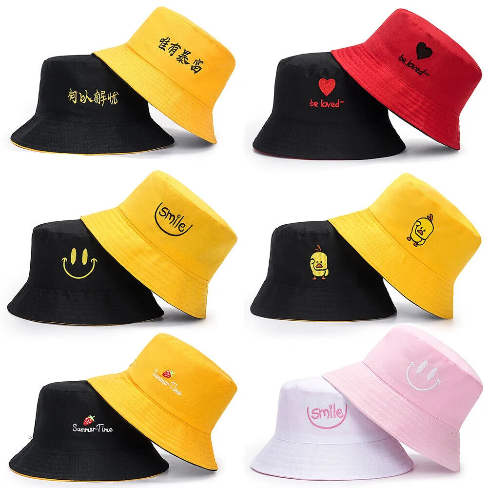 US Double-sided Bucket Hat Fisherman's Cap  Men Women Embroidery Pattern Cotton