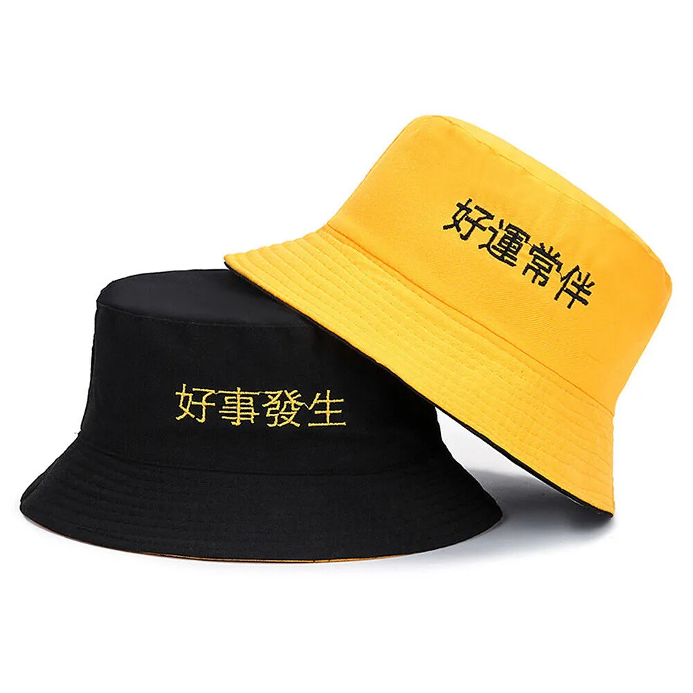 US Double-sided Bucket Hat Fisherman's Cap  Men Women Embroidery Pattern Cotton