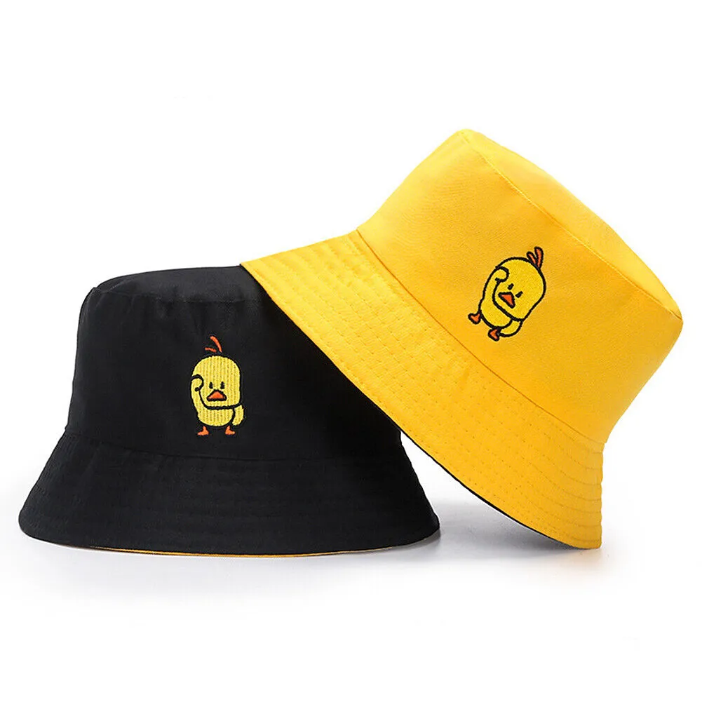 US Double-sided Bucket Hat Fisherman's Cap  Men Women Embroidery Pattern Cotton