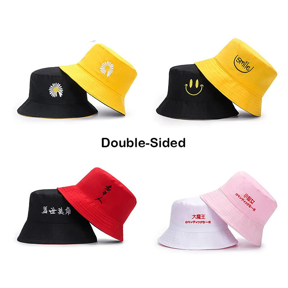 US Double-sided Bucket Hat Fisherman's Cap  Men Women Embroidery Pattern Cotton