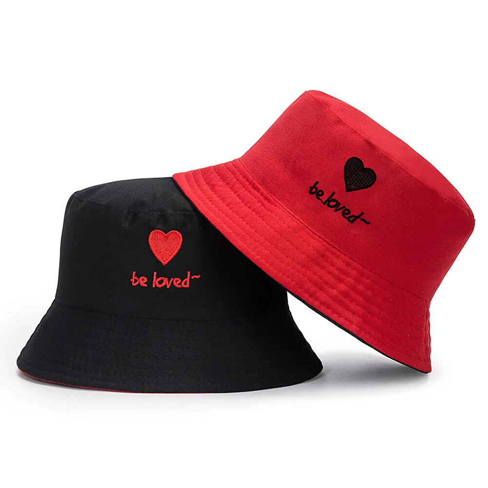 US Double-sided Bucket Hat Fisherman's Cap  Men Women Embroidery Pattern Cotton