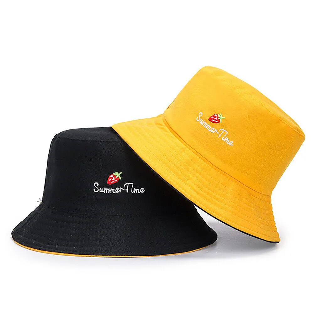 US Double-sided Bucket Hat Fisherman's Cap  Men Women Embroidery Pattern Cotton