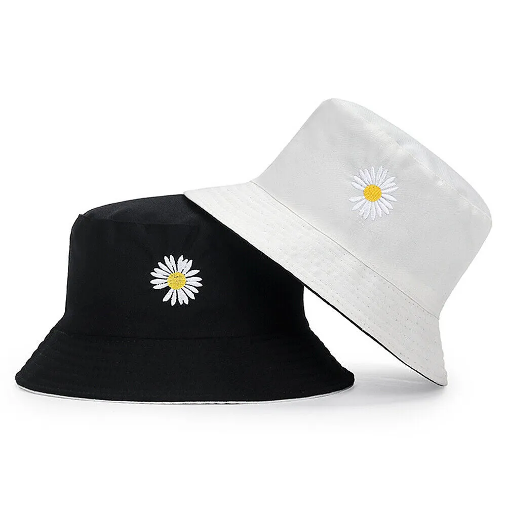 US Double-sided Bucket Hat Fisherman's Cap  Men Women Embroidery Pattern Cotton