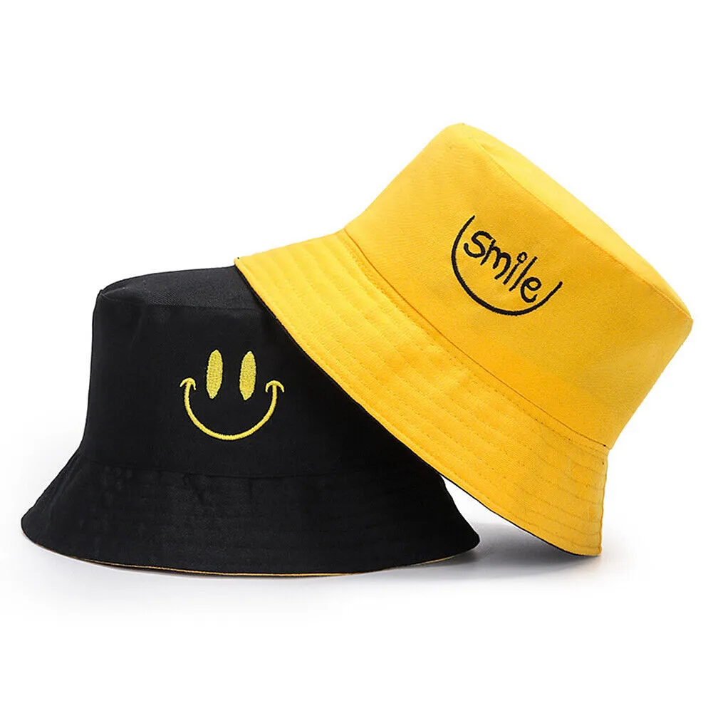 US Double-sided Bucket Hat Fisherman's Cap  Men Women Embroidery Pattern Cotton