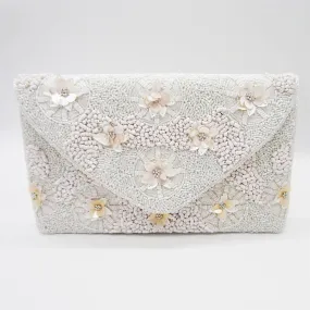 White Seed Beaded Floral Clutch