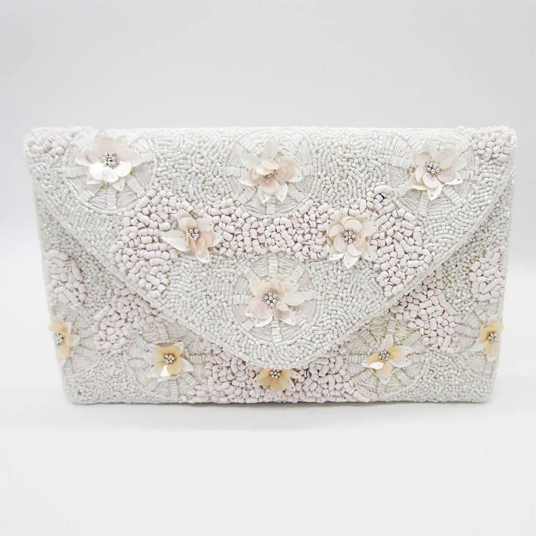 White Seed Beaded Floral Clutch
